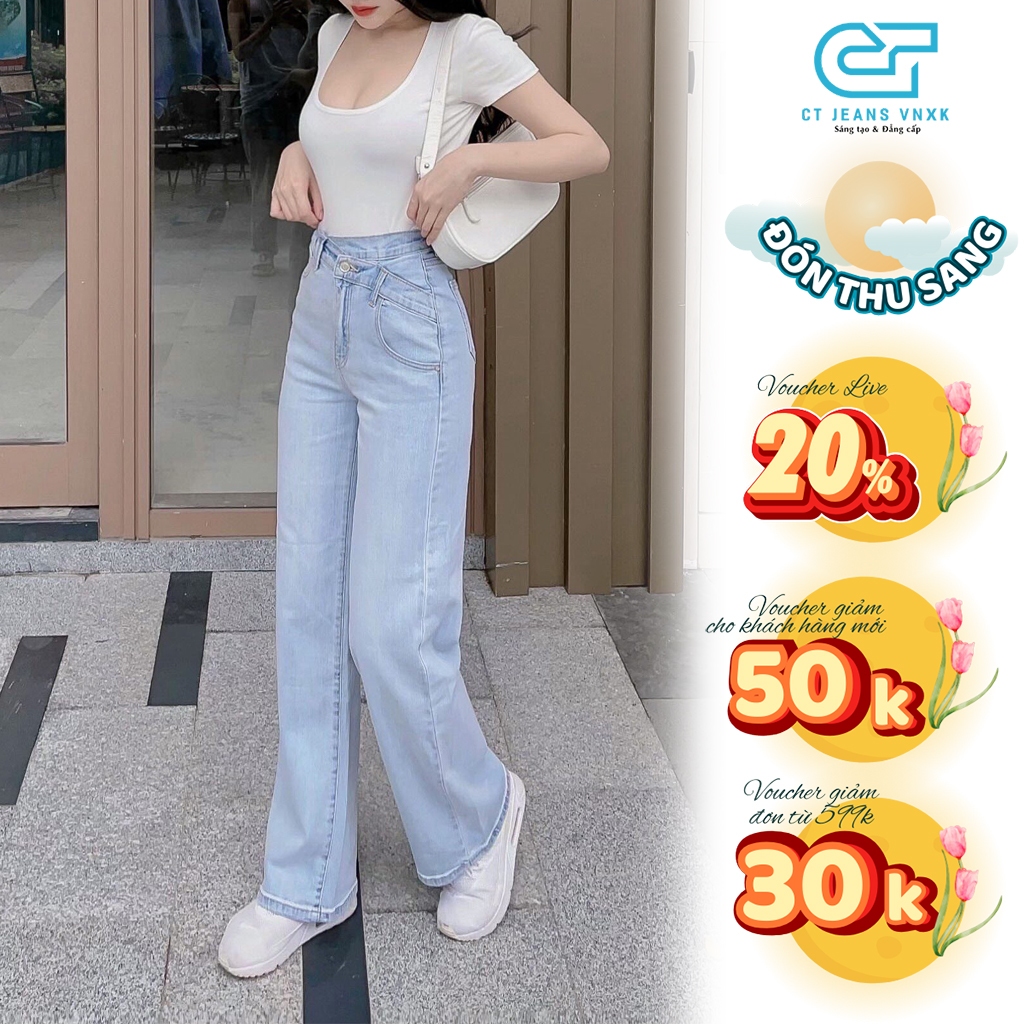 Quần jean ống rộng nữ cạp khuy lệch dáng dài chất vải co giãn 4 chiều, CT JEANS