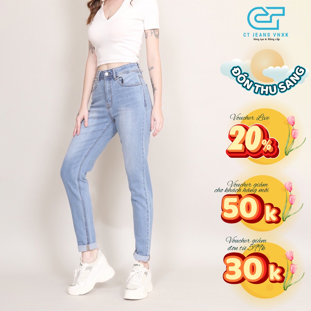 Quần baggy jean nữ trơn lưng cao chất vải bò co giãn thoáng khí CP38, CT JEANS