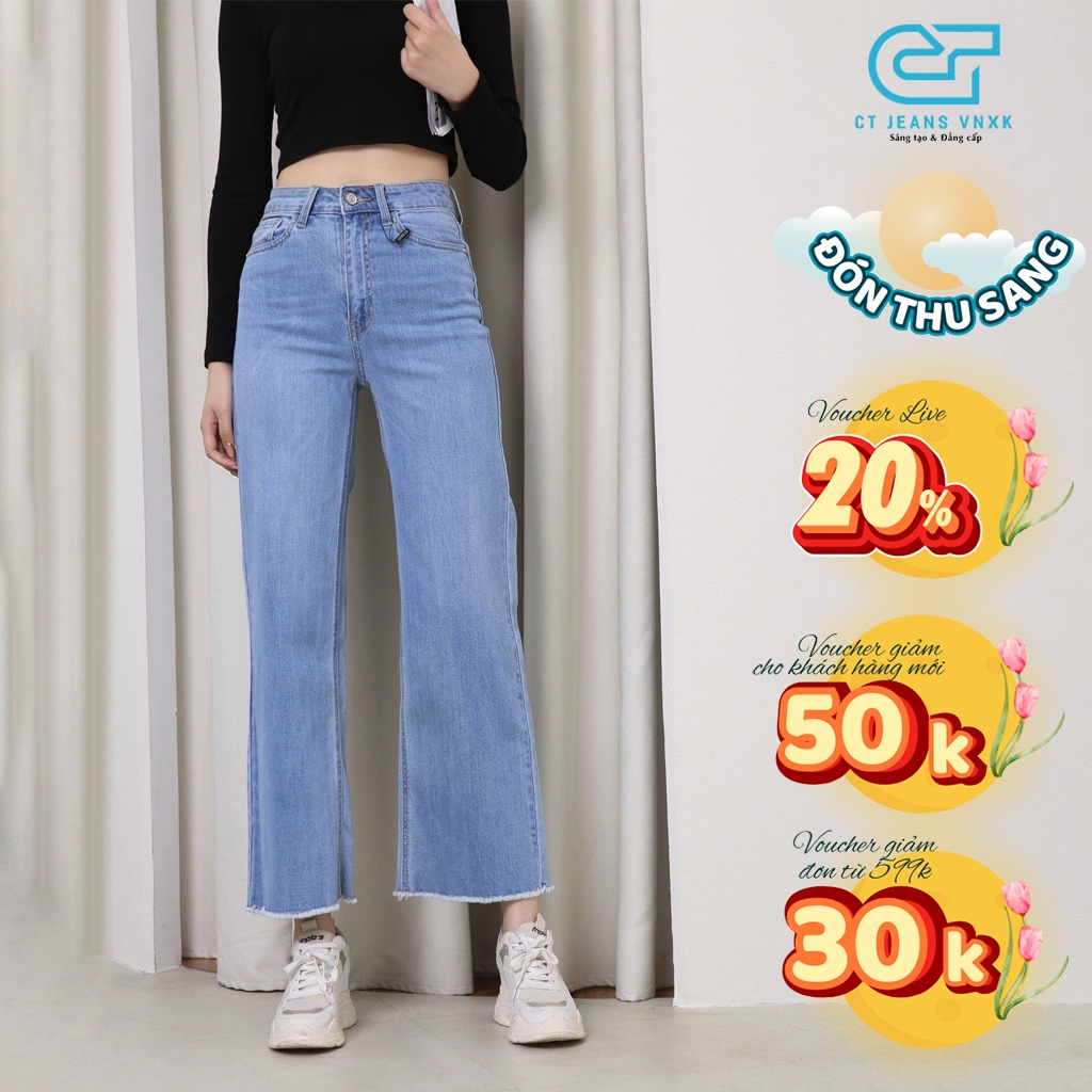 Quần jean ống rộng nữ chất co giãn 4 chiều tua gấu sành điệu CP14, CT JEANS