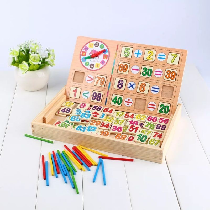 Bộ đồ chơi hộp toán học 100 que tính kèm đồng hồ gỗ thông minh phát triển trí tuệ cho bé - Bộ que tính đồng hồ IQ Kao
