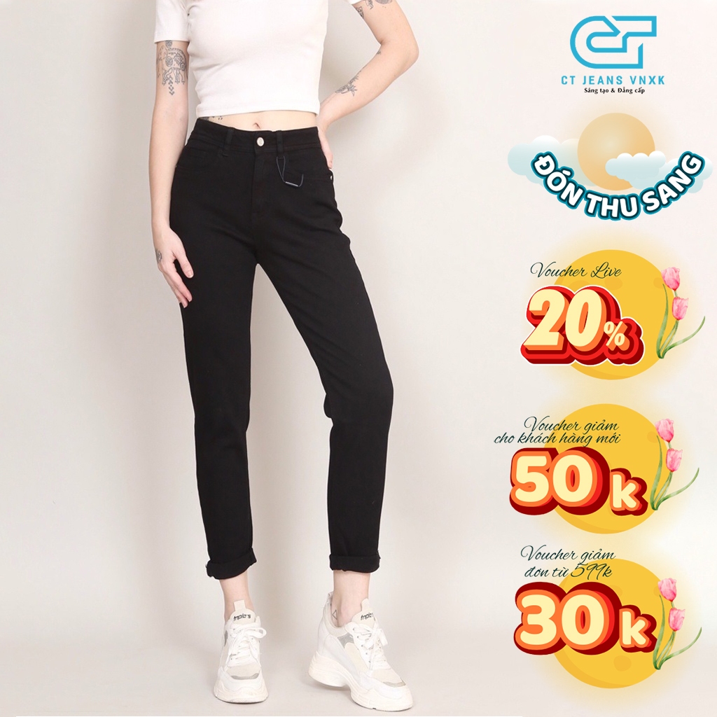 Quần baggy jean nữ trơn kiểu cạp cao kéo dài chân 3 màu xanh đen trắng CP64, CT JEANS