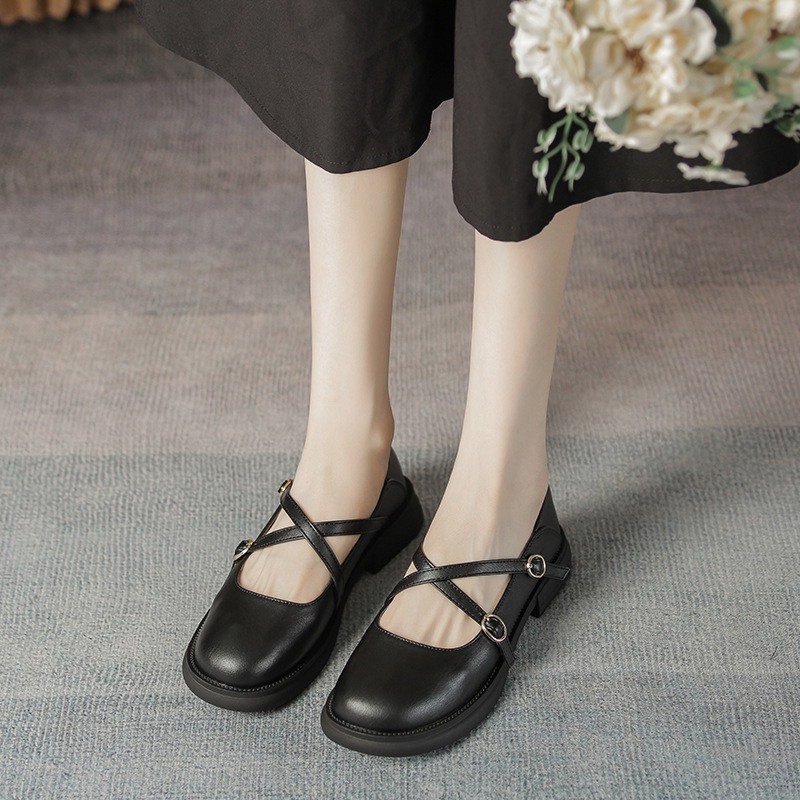 Giày búp bê nữ Lolita mũi tròn quai chéo đế 2,5 cm phong cách vintage LAPA - LP12