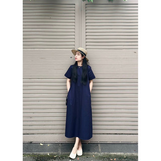 Đầm Linen dáng dài xanh navy