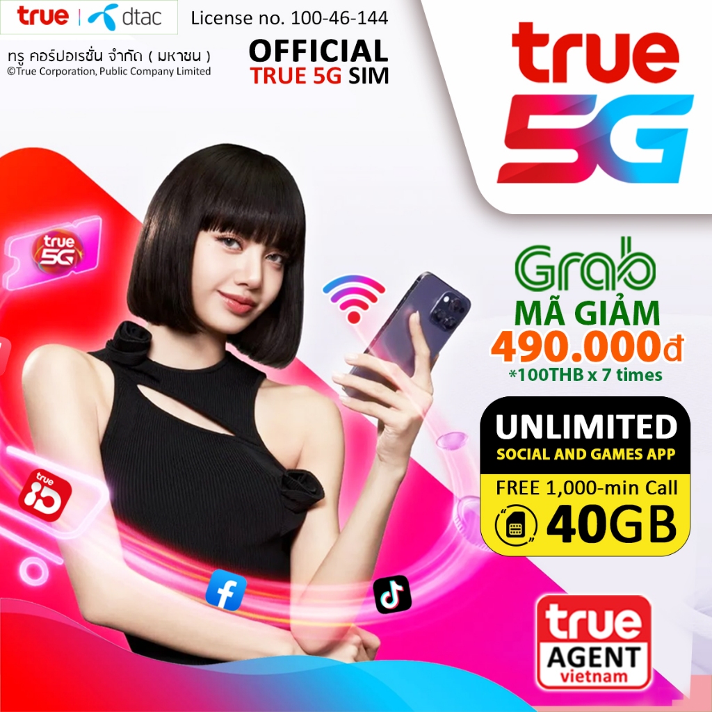 TRUE 5G : Sim Thái Lan 🇹🇭 40GB 7 ngày, Unlimited + Gọi miễn phí/ TRUE WIFI miễn phi