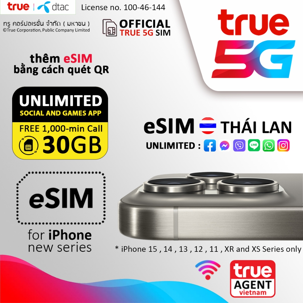 TRUE 5G : eSIM Thái Lan 🇹🇭 30GB 4G/5G, FREE Gọi 1.000 phút, TRUE-WIFI