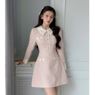 Đầm dạ tweed thu đông kim sa viền cổ trắng dress(kèm ảnh thật)