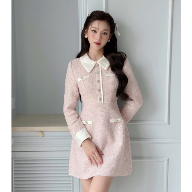 Đầm dạ tweed thu đông kim sa viền cổ trắng dress