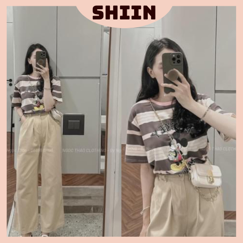 Set Bộ Đồ Nữ Áo Phông Mickey Ngắn tay  Hồng Kẻ Ngang Mix Quần Suông Dài Ống Rộng Freesize
