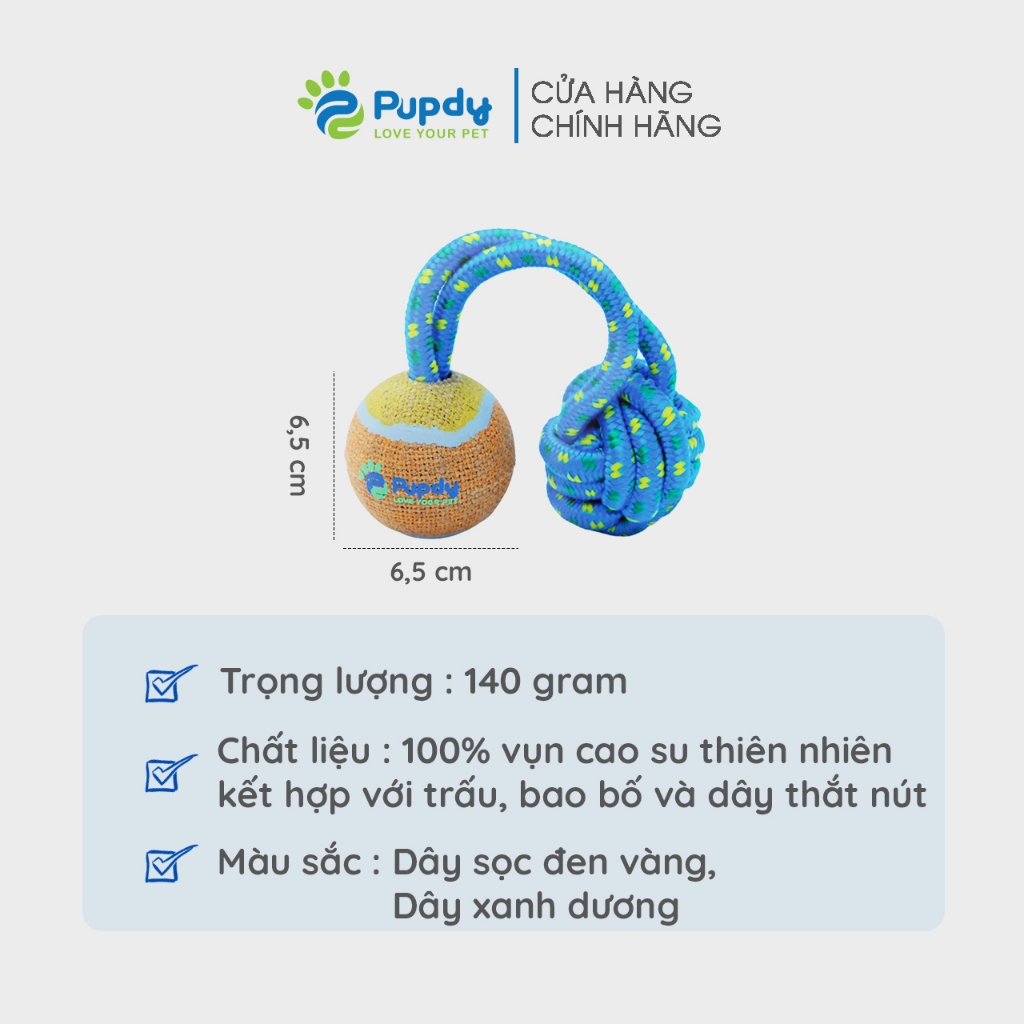 Đồ chơi banh trấu kết hợp với dây thắt nút cho chó, mèo - Pupdy Bóng Cù Quay - Pickoo Ball