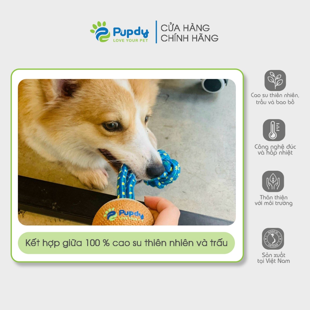 Đồ chơi banh trấu kết hợp với dây thắt nút cho chó, mèo - Pupdy Bóng Cù Quay - Pickoo Ball