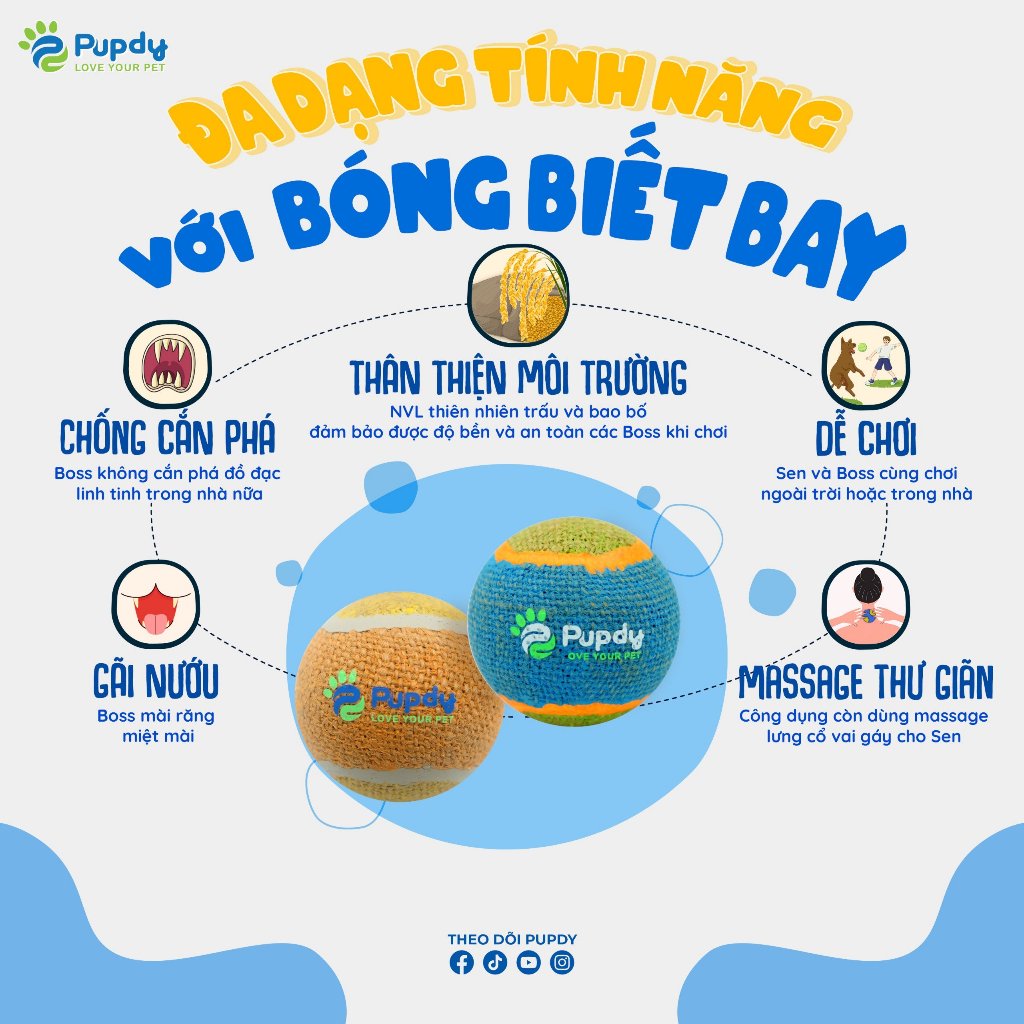 Đồ chơi banh trấu và bao bố cho chó mèo, thân thiện với môi trường - Pupdy - Bóng Biết Bay