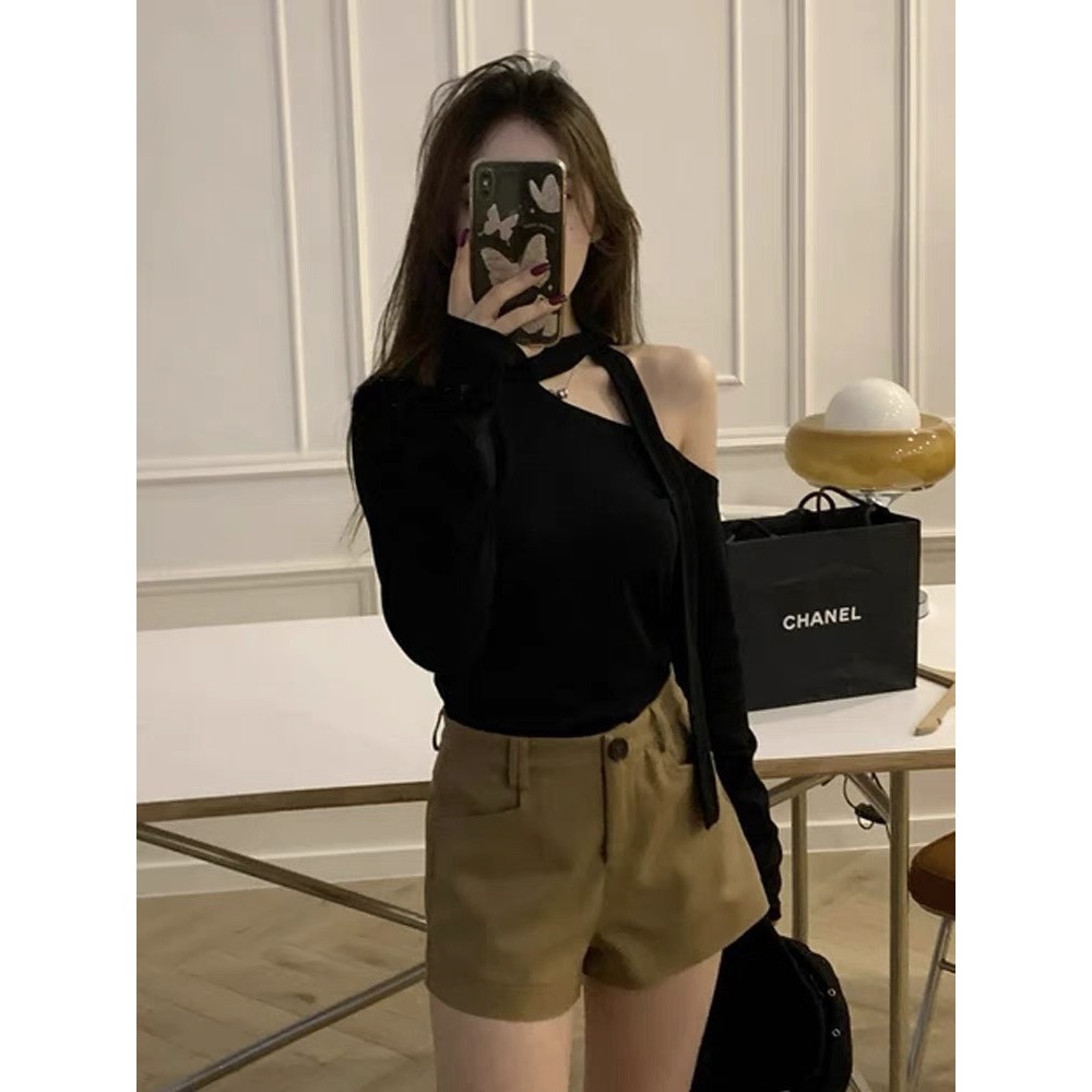 Áo kiểu thun nữ lệch vai dây nơ dài tay phong cách Hàn Quốc