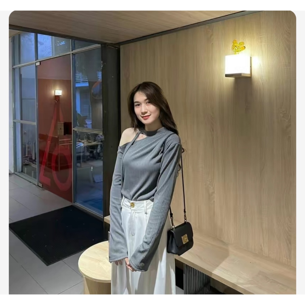 Áo kiểu thun nữ lệch vai dây nơ dài tay phong cách Hàn Quốc