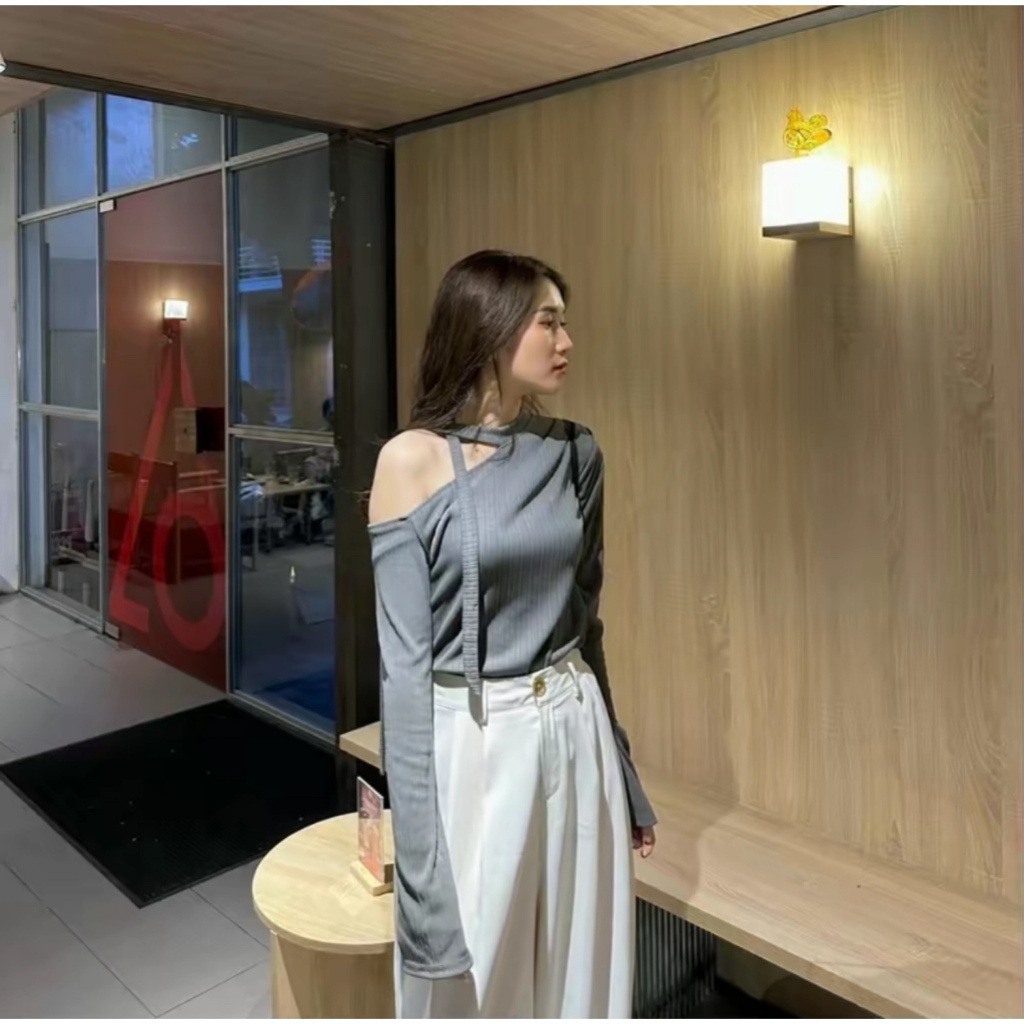 Áo kiểu thun nữ lệch vai dây nơ dài tay phong cách Hàn Quốc