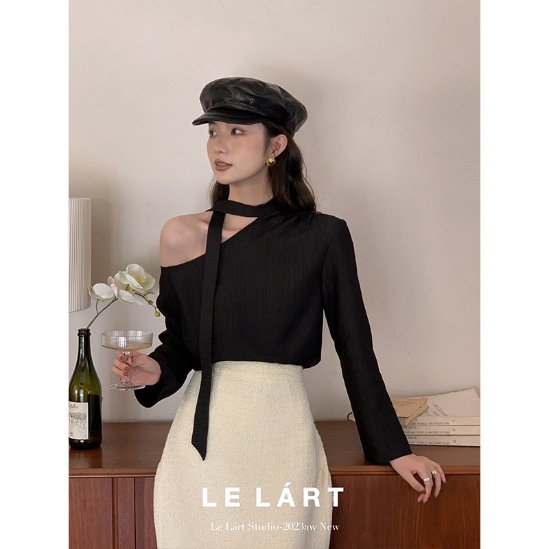 Áo kiểu thun nữ lệch vai dây nơ dài tay phong cách Hàn Quốc