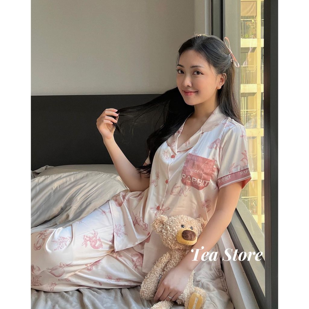 Bộ mặc nhà Pyjama lụa cao cấp Tea Store tay cộc quần dài họa tiết chú thỏ 4 màu