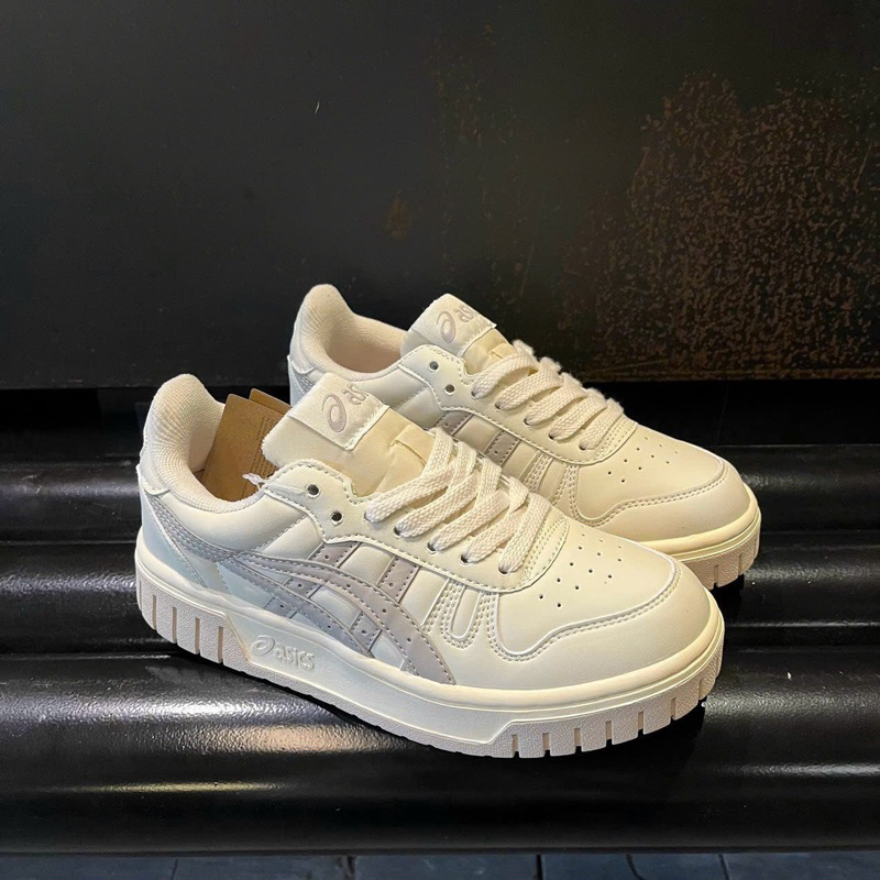Giày Sneaker ASISC kem kẻ xám cổ thấp mới , Giày asic nam nữ Asisc Court Mz trắng be xám, Giày asicss kem xám nam nữ