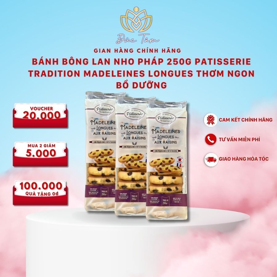 Bánh bông lan nho Pháp 250g Patisserie Tradition Madeleines Longues thơm ngon bổ dưỡng