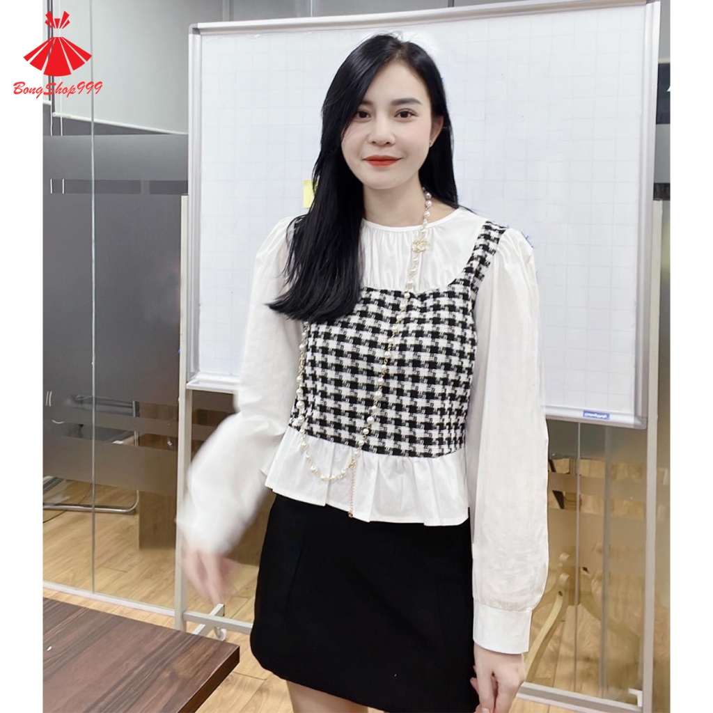 Áo Sơ Mi Cổ Tròn Phối Gile Dạ Viền bèo Siêu Xinh BongShop999 PG49