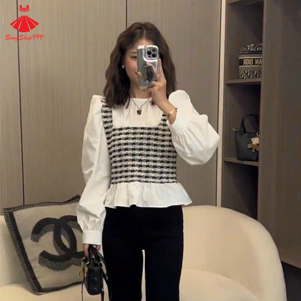 Áo Sơ Mi Cổ Tròn Phối Gile Dạ Viền bèo Siêu Xinh BongShop999 PG49