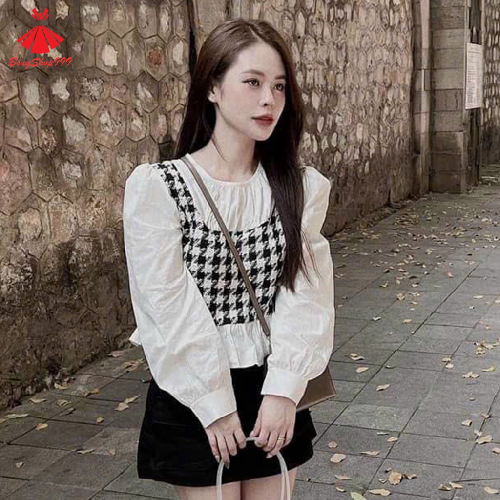 Áo Sơ Mi Cổ Tròn Phối Gile Dạ Viền bèo Siêu Xinh BongShop999 PG49
