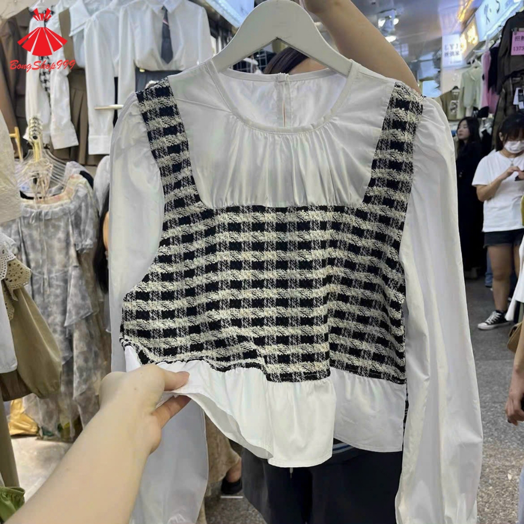 Áo Sơ Mi Cổ Tròn Phối Gile Dạ Viền bèo Siêu Xinh BongShop999 PG49