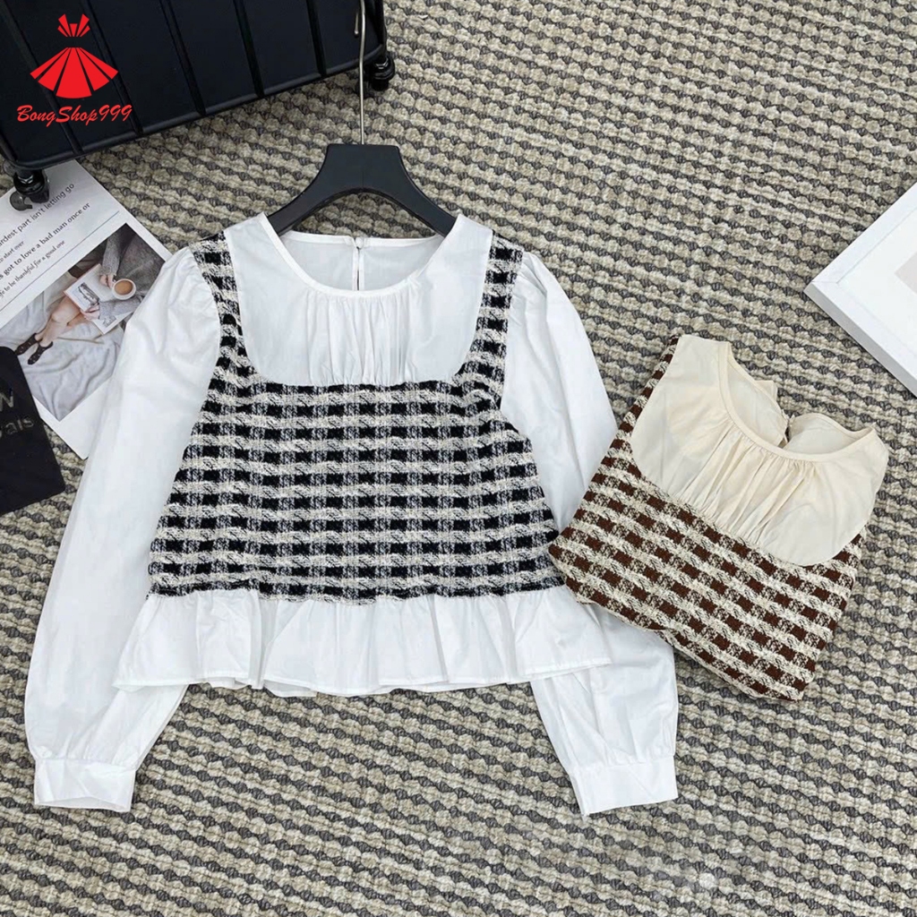 Áo Sơ Mi Cổ Tròn Phối Gile Dạ Viền bèo Siêu Xinh BongShop999 PG49