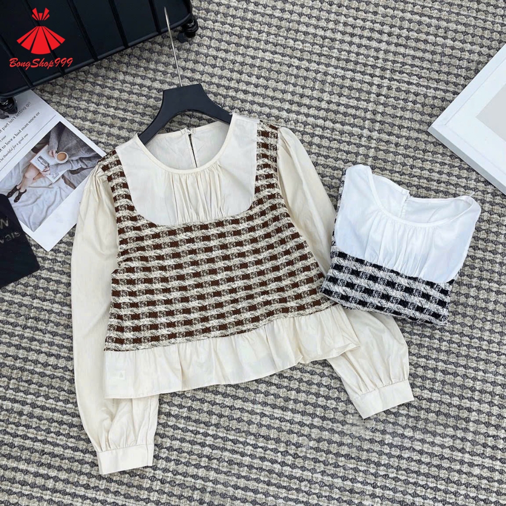 Áo Sơ Mi Cổ Tròn Phối Gile Dạ Viền bèo Siêu Xinh BongShop999 PG49