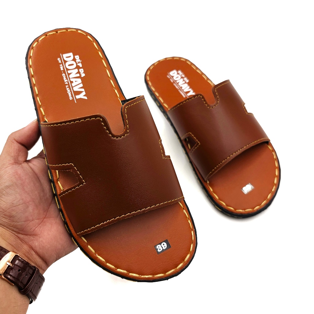 Dép Nam Chữ K Da Sít Nhật Không Thấm Nước, Đế Đúc Nguyên Khối, May Full Handmade D.CHUKS