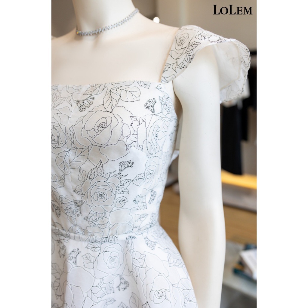Đầm tay phồng cổ vuông LOLEM DX455 form xòe chất vải tơ họa tiết mềm mại