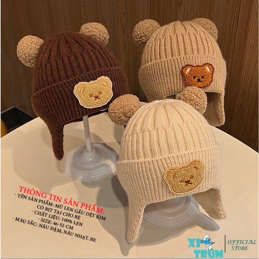 MŨ LEN GẤU DỆT KIM CÓ BỊT TAI THỜI TRANG CHO TRẺ EM TỪ 7kg-16kg