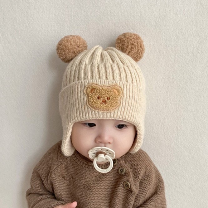 MŨ LEN GẤU DỆT KIM CÓ BỊT TAI THỜI TRANG CHO TRẺ EM TỪ 7kg-16kg