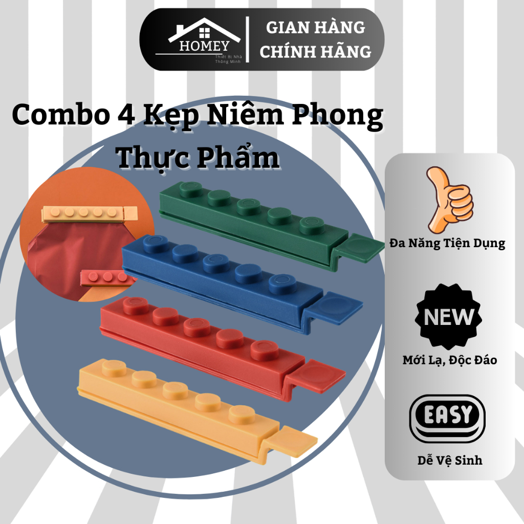 Homey - Combo 4 Kẹp Niêm Phong Túi Thực Phẩm - Bảo quản thức ăn tốt cho sức khoẻ - Dễ Sử Dụng & Tiện Lợi Khi Đi Du Lịch