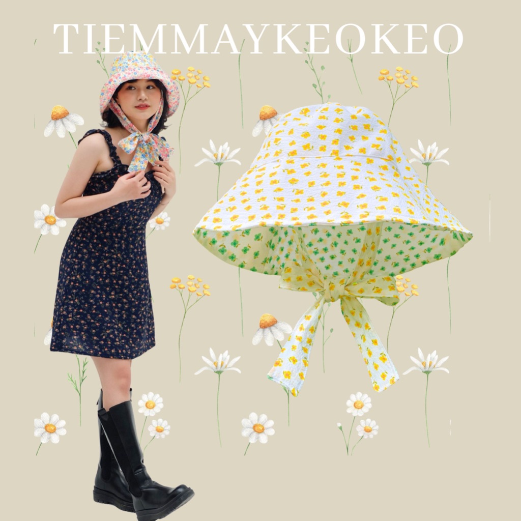 Mũ nón vành rộng hoa nhí thiết kế TIEMMAYKEOKEO mũ bucket vải caro mềm mại hai mặt kèm dây nơ tháo rời cho nữ