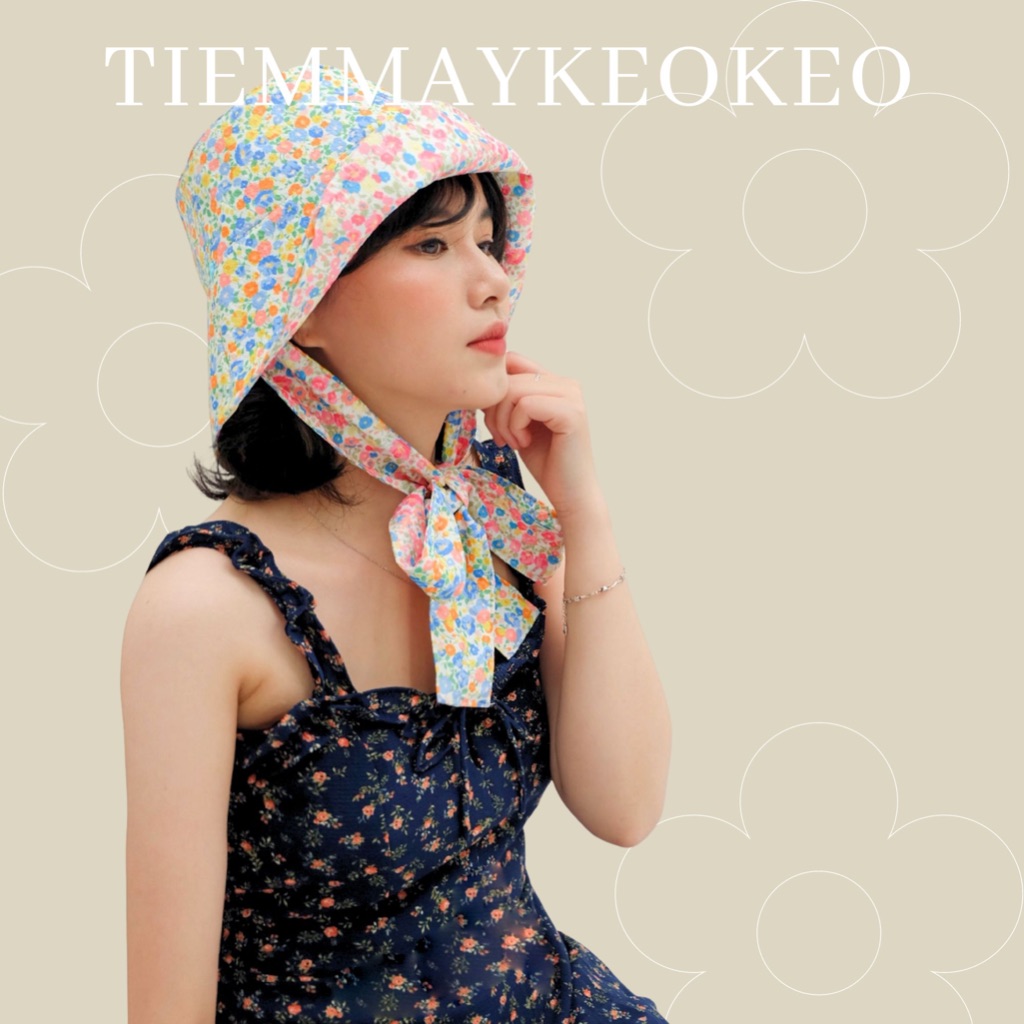 Mũ nón vành rộng hoa nhí thiết kế TIEMMAYKEOKEO mũ bucket vải caro mềm mại hai mặt kèm dây nơ tháo rời cho nữ