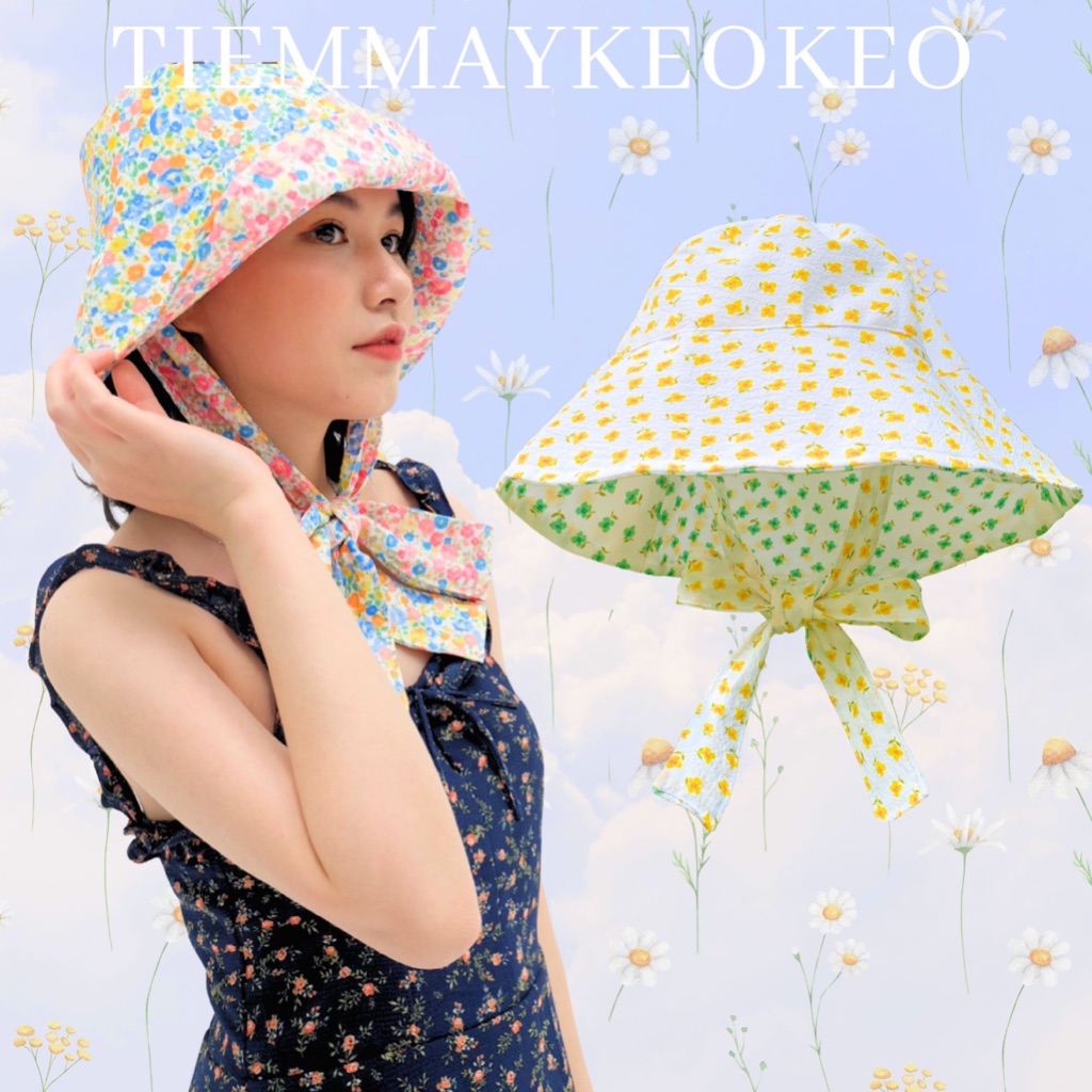 Mũ nón vành rộng hoa nhí thiết kế TIEMMAYKEOKEO mũ bucket vải caro mềm mại hai mặt kèm dây nơ tháo rời cho nữ