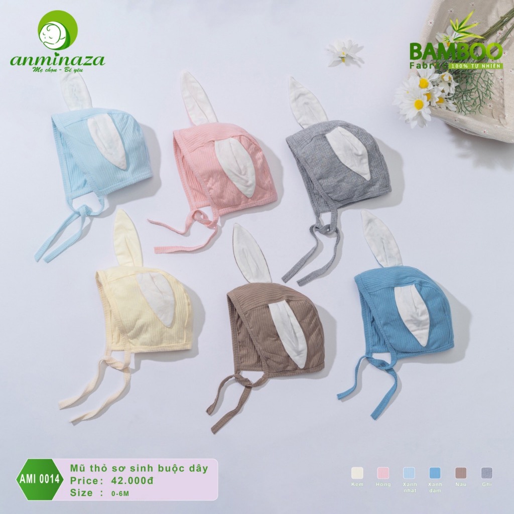 Mũ sơ sinh buộc dây tai gấu tai thỏ anminaza cho bé sơ sinh