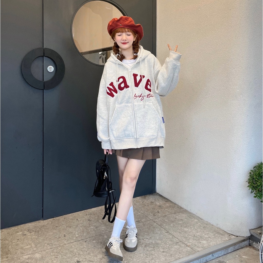 Áo Hoodie Zip WAVE , Áo Khoác Hoodie Form Rộng Mũ Trùm Unisex Vải Nỉ Bông Dày Dặn