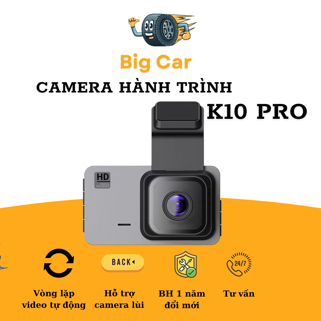 Camera hành trình ô tô K10 Pro,Full HD 1080p kết nối điện thoại,ghi hình trước sau .Bảo hành 1 đổi 1trong 1năm