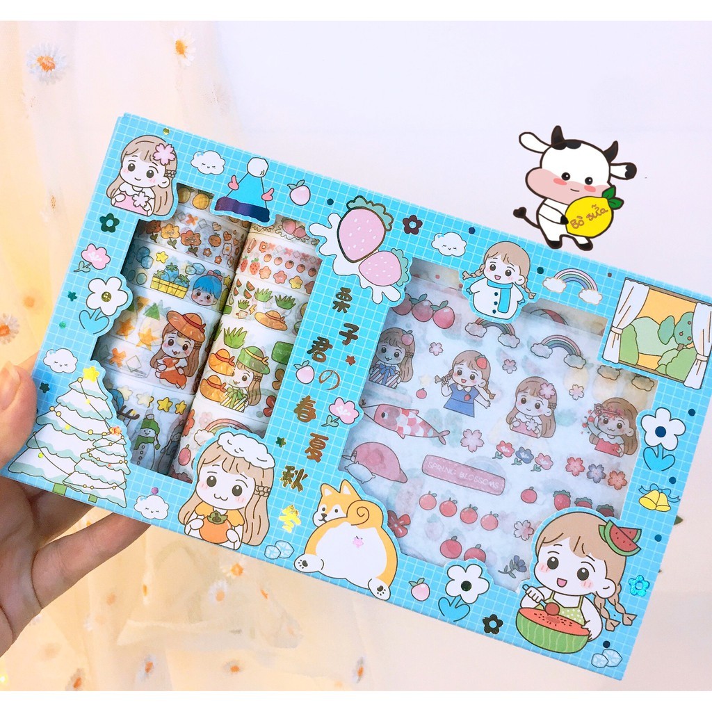 Hộp Washi Sticker Cute Dễ Thương Băng Keo Dính Hình Dán Stickers kèm dao rọc giấy