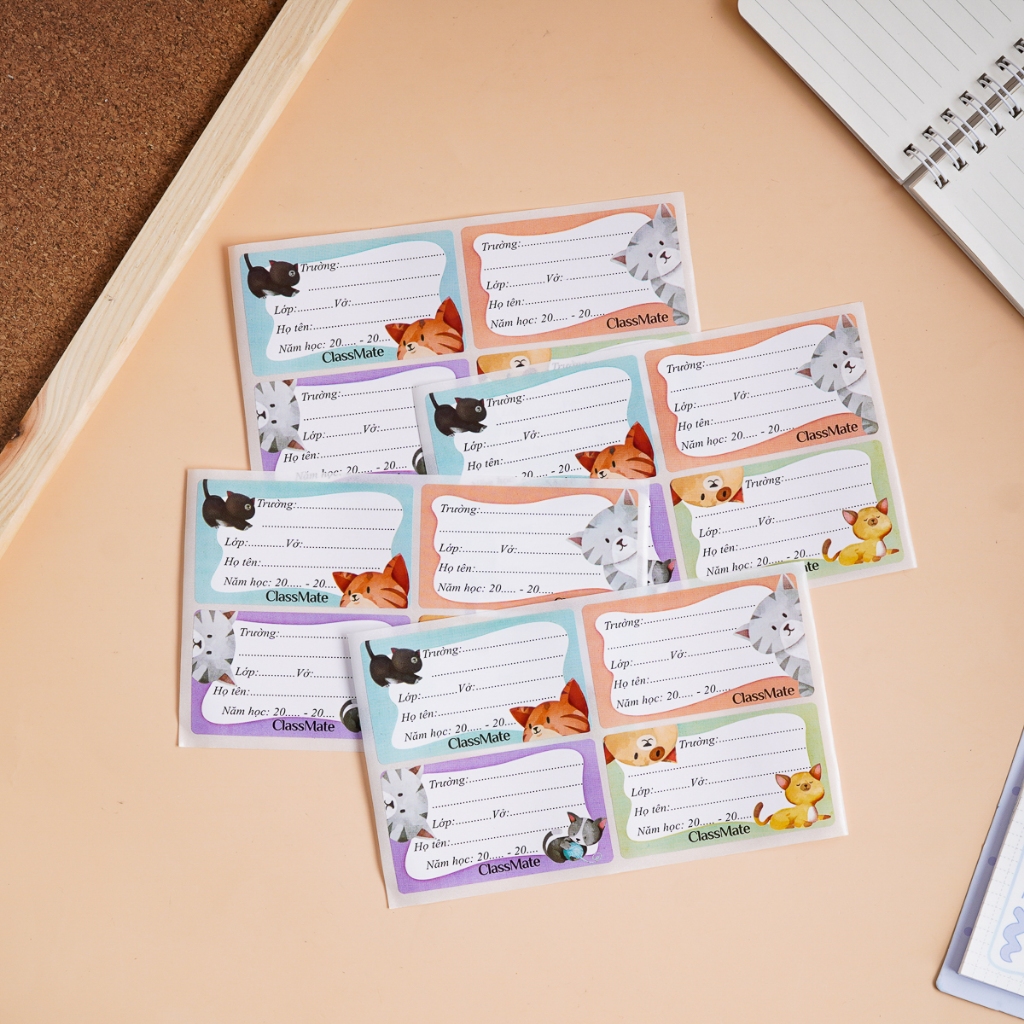 Nhãn Vở Ghi Tên Classmate Cats Thiết Kế Hình Mèo Dễ Thương, Có Keo Dán Sẵn Tiện Lợi 16 Cái/Tập NT211