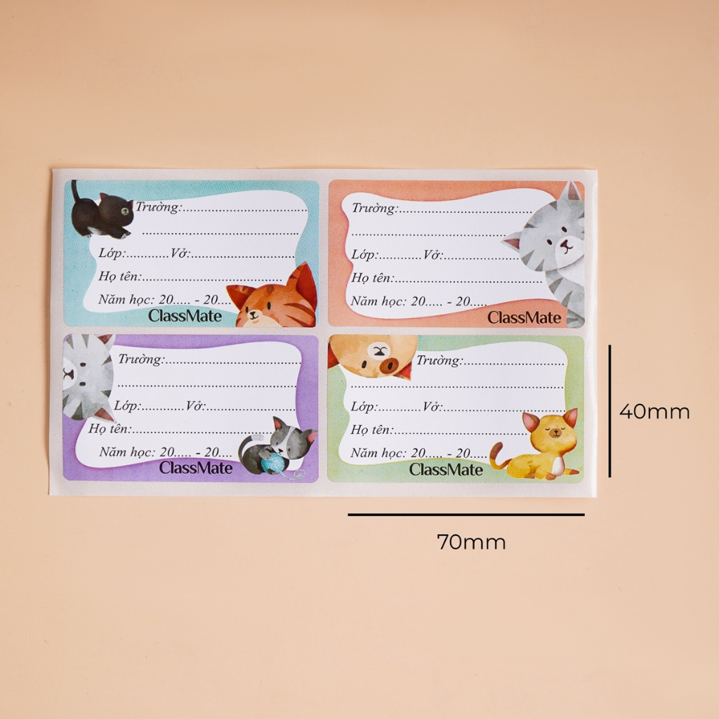 Nhãn Vở Ghi Tên Classmate Cats Thiết Kế Hình Mèo Dễ Thương, Có Keo Dán Sẵn Tiện Lợi 16 Cái/Tập NT211