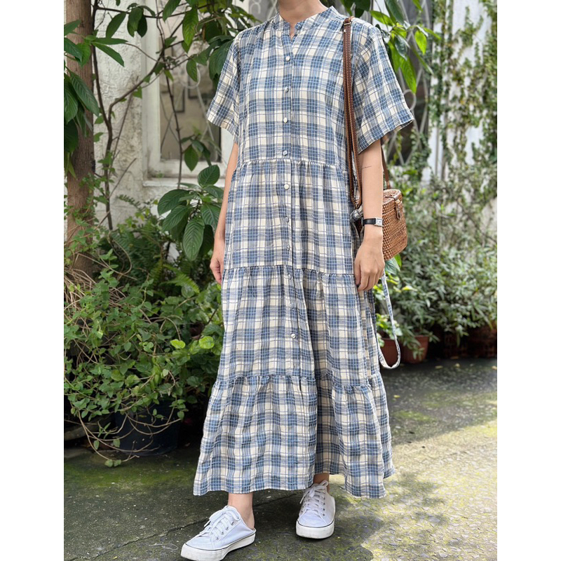 Đầm caro cotton có tay