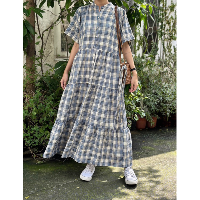 Đầm caro cotton có tay