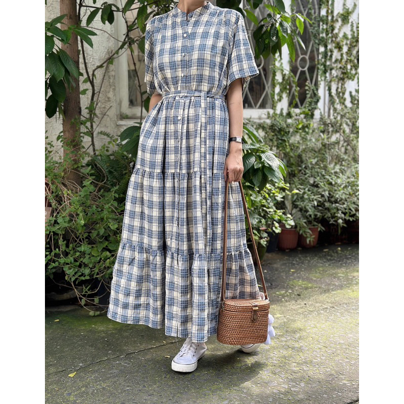 Đầm caro cotton có tay