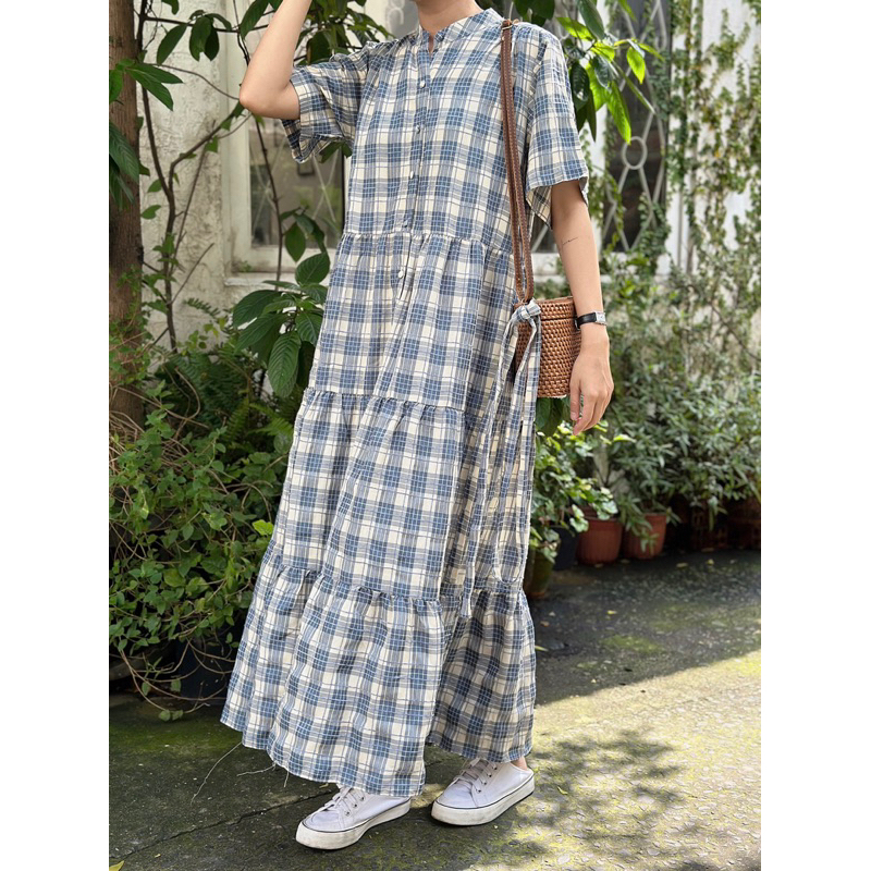 Đầm caro cotton có tay