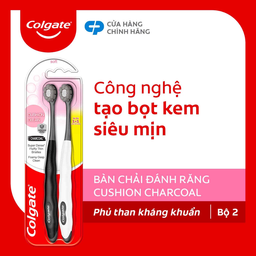 Bộ 2 Bàn chải Colgate Cushion Clean Twin Charcoal lông chải kháng khuẩn