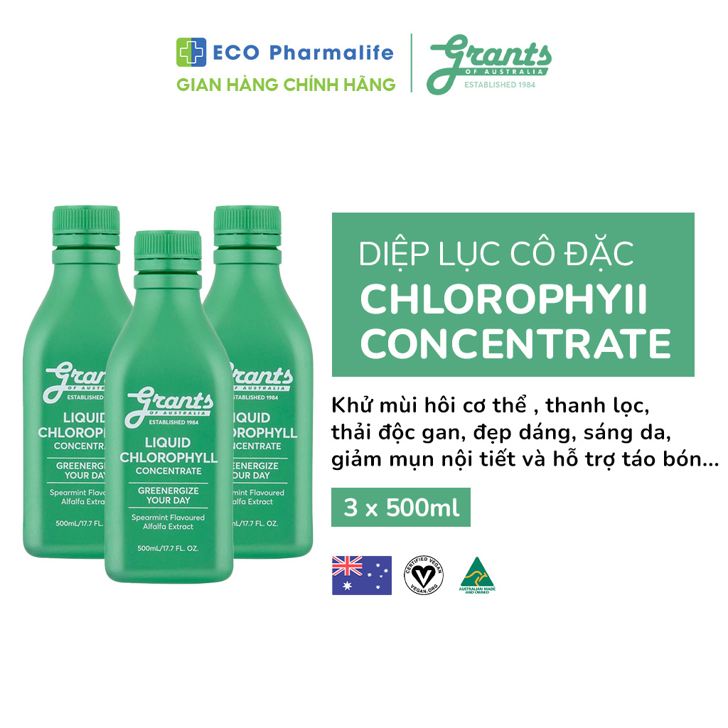 Combo 2 Nước Diệp Lục Cô Đặc Grants Liquid Chlorophyll Concentrate Làm Sáng Da Tăng Cường Sức Đề Kháng Thải Độc Gan 500m