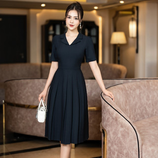 Đầm cổ vest tay ngắn tùng xếp ly - xanh đen d10002x