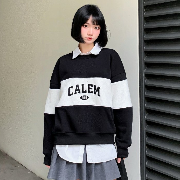 Áo SWEATER sọc ngang thêu 90S form boxy brand Calem Club